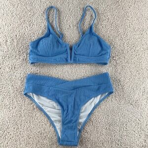 Blue Textured V-Wire High Waisted Crossover Bikini Set Large